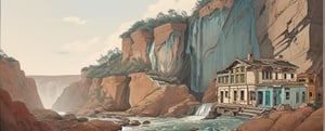 The Happy Bones Orphanage, a two-story Shotgun house with peeling paint and shattered windows, perched on the edge of a rugged canyon overlooking a cascading waterfall, kawaii, 1930s (style),isometric,ChineseWatercolorPainting,oil painting