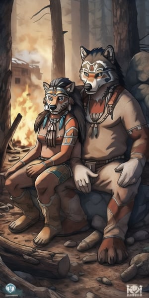 A pack of male and female wolves sitting around a fire in an abandoned mining town surrounded by evergreens, with native American markings, indian art, non-furry,ppcp