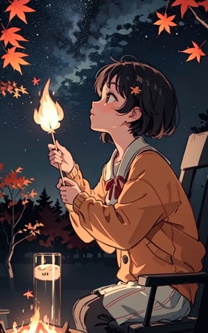 1930s (style), a loli girl roasting marshmallows over a campfire looking up at a stary night surrounded by maple trees, Sketch, autumn_leaves, star_(sky),Lofi,LOFI,cassdawnlvl1,day,EpicArt