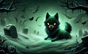 Masterpiece, A small, trembling wolf pup with shaggy fur the color of sage green, lost in a foggy and haunted snow covered forest. Its eyes dart around nervously, searching for a way out. Suddenly, it spots a graveyard in the distance, sending shivers down its spine. The pup clutches onto its old, tattered green neck bandana for comfort, but it knows it's in for a spooky adventure.,chibi,DonMCr33pyN1ghtm4r3 