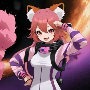 An adorable and silly female anime girl red panda in a space suit with pink and purple striped hair and a sci-fi brass fantastical telescope