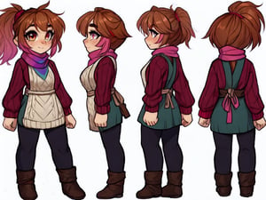 Emberlyn Coalhaven, a silly and sassy Welsh young girl of 16 with short copper-blonde hair with pink highlights, tied up in messy ponytail and ember eyes, cream and red hand-knitted wool sweater, leather apron, pink rainbow scarf, white background, character sheet, front view, side view,chara-sheet