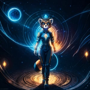 Galali, a male kawaii furry suit of a red panda golden retriever hybrid with glowing celestial constellation markings fully body portray wearing a bohemian space suit, with Sami symbolism embroidered on his shirt, surrounded by the dieselpunk space station orbiting Uranus, complex lighting and shadows, Cute and fluffy, Brass jewelry, shiny, sunlight fractal details, depth of field, detailed gorgeous face, Sci-Fi environment, natural body posture, professional photographer, captured with professional DSLR camera, 64k, ultra-detailed, ultra-accurate detailed, bokeh lighting, surrealism, ultra unreal engine, intricate, epic,fantasy_princess,Circle