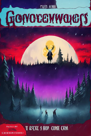 Create a captivating and whimsical 1950s movie poster for a 1920s juvenile horror/humor novel titled "The Howl of the Wendigo," part of the series "The Wolves of Blood Creek" by J.R. Ghostwood.

Key Elements:

Setting: A snowy landscape with a hint of eerie moonlight, conveying the chilling winter atmosphere.

Characters: Include the main characters, Sagie, Lavie, and Birdie, standing united against the backdrop of the menacing Wendigo's eyes in the storm.

Wolves: Showcase the Blood Creek wolves, emphasizing their pack dynamic and unique personalities.

Humor and Horror: Infuse a balance of humor and horror elements to reflect the book's dual genre, perhaps through the expressions and interactions of the characters.

Title and Series: Clearly highlight "The Howl of the Wendigo" as the title, and "The Wolves of Blood Creek" as the series, with the author's name, J.R. Ghostwood.

Feel free to play with color schemes, lighting effects, and visual elements that resonate with a juvenile horror/humor theme