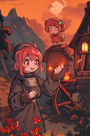 a cute and cheerful female Welsh 13th-century grave digger during the black plague with short strawberry blonde hair and ponytails and glowing ember eyes casting ghostly fire magic with an old magical miners lamp, in a haunted mountain town. kawaii, plague doctor