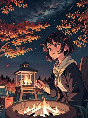 1930s (style), a loli girl in a Adirondack lean-to roasting marshmallows over a campfire looking up at a stary night surrounded by maple trees, Sketch, autumn_leaves, star_(sky),Lofi,LOFI,cassdawnlvl1,day,EpicArt