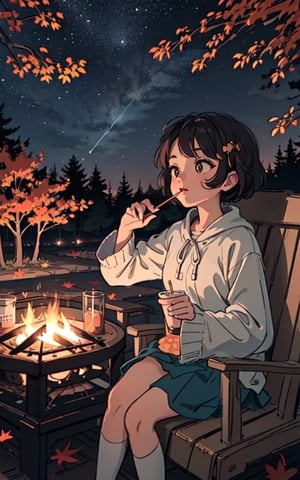 1930s (style), a loli girl in a Adirondack lean-to roasting marshmallows over a campfire looking up at a stary night surrounded by maple trees, Sketch, autumn_leaves, star_(sky),Lofi,LOFI,cassdawnlvl1,day,EpicArt