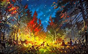 campers sitting around a campfire surrounded by fall maple trees, Sketch, autumn_leaves, star_(sky)