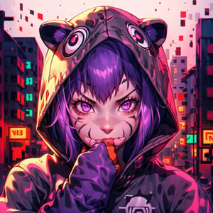 mater piece, beautiful girl in an abandoned town, red_panda, paw_gloves, Fur_boots, animal_marking, face_paint, chocolate_hair, violet_eyes, furry_jacket,yofukashi background, zombies,hinata,1990s \(style\),kusanagi motoko,city