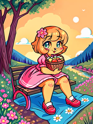 Solo_female,1930s (style), kawaii, outdoor, high_resolution, digital_art,|,a flowery field on a cool summer afternoon next to a brook| old blankets, bench, picnic, ruck_sack, basket, sack|,vectorstyle