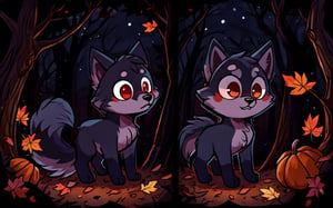 Comic_Strip, a cute scared wolf pup lost in a forest, autumn_leaves, wolf, chibi, night, spooky,cute00d