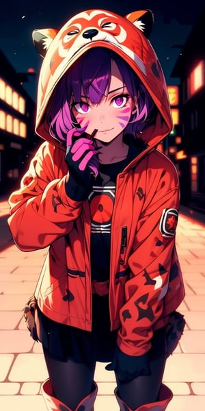 mater piece, beautiful girl in an abandoned town, red_panda, paw_gloves, Fur_boots, animal_marking, face_paint, chocolate_hair, violet_eyes, furry_jacket,yofukashi background, zombies,hinata,1990s \(style\)