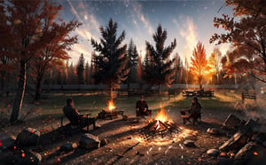 a campfire surrounded by fall maple trees,Sketch