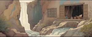 The Happy Bones Orphanage, a two-story Shotgun house with peeling paint and shattered windows, perched on the edge of a rugged canyon overlooking a cascading waterfall, kawaii, 1930s (style),isometric,ChineseWatercolorPainting,oil painting