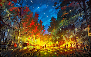 campers sitting around a campfire surrounded by fall maple trees, Sketch, autumn_leaves, star_(sky)