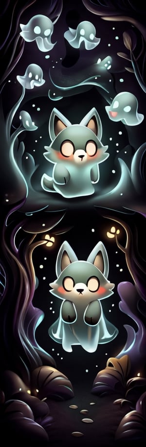 a cute scared wolf pup with sage colored fur lost in a haunted foggy forest, Chibi, sage, fog, ghosts,forest