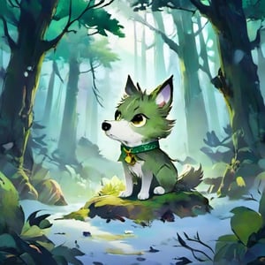 (masterpiece, best quality, ultra-detailed, 8K) A small, trembling wolf pup with shaggy fur the color of sage green, lost in a foggy and haunted forest. Its eyes dart around nervously, searching for a way out. SuddeaA small, trembling wolf pup with shaggy fur the color of sage green, lost in a foggy and haunted snow-covered forest. Its eyes dart around nervously, searching for a way out. Suddenly, it spots a graveyard in the distance, sending shivers down its spine. The pup clutches onto its old, tattered green neck bandana for comfort, but it knows it's in for a spooky adventure. only, it spots a graveyard in the distance, sending shivers down its spine. The pup clutches onto its old, tattered green neck bandana for comfort, but it knows it's in for a spooky adventure.,photo r3al,Land Of Boo