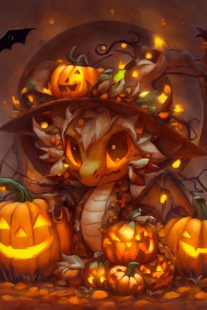 a cute fuzzy emerald dragon witch made of vines, pumpkins, and dandelions, hiding in a spooky pumpkin patch on halloween night, Halloween, chibi, cartoon, cutedragon,urara_shiraishi