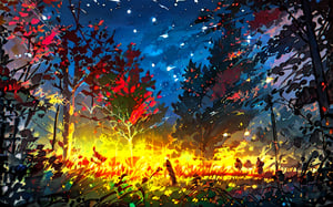 a campfire surrounded by fall maple trees on a star-filled  night Sketch, autumn_leaves, star_(sky),Lofi