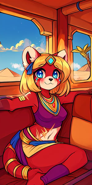 1930s (style), kawaii, inside a peaceful and relaxing small old fashion western train car, with the soft desert sun shinning softy through the front windows,  red_panda, ancient_egyptian, lavender_hair, blue_eyes, anthromorph, high_resolution, digital_art, cute_fang, golden_jewelry, messy_hair, curvy_figure, body scars, female, indoors, Red_fur, chest_fluff, relaxing, steam, laying_on_belly, fore_paws, loin_cloth,Building_Egyptian, tunic