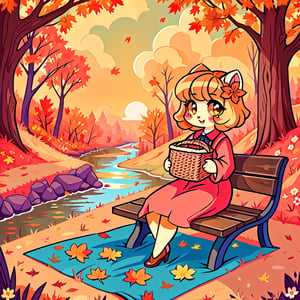 Solo_female,1930s (style), kawaii, outdoor, high_resolution, digital_art,|,a flowery field on a cool autumn afternoon next to a brook| old blankets, bench, picnic, ruck_sack, basket, sack|,vectorstyle