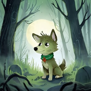 A small, trembling wolf pup with shaggy fur the color of sage green, lost in a foggy and haunted forest. Its eyes dart around nervously, searching for a way out. SuddeaA small, trembling wolf pup with shaggy fur the color of sage green, lost in a foggy and haunted snow-covered forest. Its eyes dart around nervously, searching for a way out. Suddenly, it spots a graveyard in the distance, sending shivers down its spine. The pup clutches onto its old, tattered green neck bandana for comfort, but it knows it's in for a spooky adventure. only, it spots a graveyard in the distance, sending shivers down its spine. The pup clutches onto its old, tattered green neck bandana for comfort, but it knows it's in for a spooky adventure.