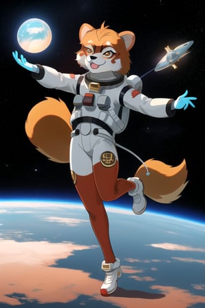 Galali, a kemono furry suit of a red panda golden retriever hybrid with glowing celestial constellation fur markings fully body portray wearing a bohemian space suit, with Sami symbolism embroideries, surrounded by the dieselpunk space station orbiting Uranus