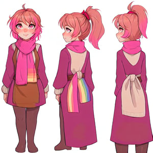Emberlyn Coalhaven, a silly and sassy Welsh young girl of 16 with short copper-blonde hair with pink highlights, tied up in messy ponytail and ember eyes, cream and red hand-knitted wool sweater, leather apron, pink rainbow scarf, white background, character sheet, front view, side view, back view, full body,ppcp,chara-sheet
