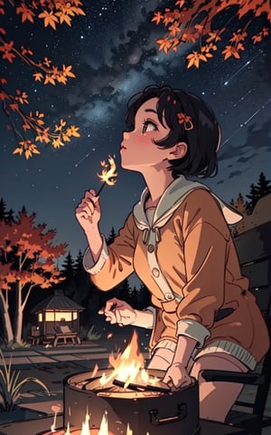 1930s (style), a loli girl roasting marshmallows over a campfire looking up at a stary night surrounded by maple trees, Sketch, autumn_leaves, star_(sky),Lofi,LOFI,cassdawnlvl1,day,EpicArt