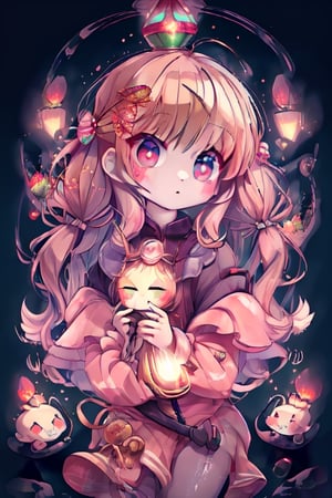 a 12-year-old female Welsh grave digger with strawberry blonde hair and glowing ember eyes casting ghostly fire magic with an old magical miners lamp.,Adorable,1girl,fantasy00d,chibi