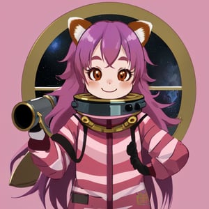 adorable and silly, female red panda, space suit, pink and purple striped hair, sci-fi brass fantastical telescope, mature, no_clothes