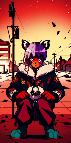 mater piece, beautiful girl in an abandoned town, red_panda, paw_gloves, Fur_boots, animal_marking, face_paint, chocolate_hair, violet_eyes, furry_jacket,yofukashi background, zombies,hinata,1990s \(style\)