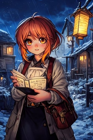 1990s book cover for a  juvenile cartoon horror with letters that look like melted wax for "Grim Night, by J.R. Ghostwood" a young woman of 14 with short strawberry blonde hair tied up in messy ponytails and ember eyes armed with an Epee and miner's lanterns in cold barren island 1850s town at night during a terrible storm who is being hunted by Vampires,fantasy00d,ppcp,masterpiece