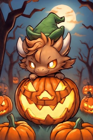 the emerald dragon witch made of vines, pumpkins, and dandelions, hiding in a spooky pumpkin patch on halloween night, Halloween, chibi, cartoon