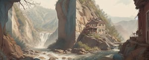 The Happy Bones Orphanage, a two-story Shotgun house with peeling paint and shattered windows, perched on the edge of a rugged canyon overlooking a cascading waterfall, kawaii, 1930s (style),isometric,ChineseWatercolorPainting,oil painting