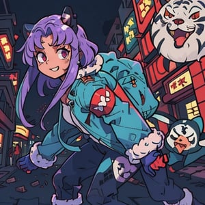 kawaii,mater piece, beautiful girl in an abandoned zombie filled city, red_panda, paw_gloves, Fur_boots, animal_marking, face_paint, chocolate_hair, violet_eyes, furry_jacket,yofukashi background, zombies,hinata,1990s \(style\),kusanagi motoko,city,chundef, action_pose, battle_stance, back_pack,running,teenage , ripped_clothing, bloody_clothes, sweatpants,Circle,vectorstyle, happy_face, hungry,cammy sf6,c.c.