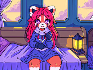 1930s (style), kawaii, female_solo ,oil_lanterns,((inside a broken down dirty,  old abandoned train car with the soft winter sun shinning softy through the front windows, old blankets, bench,old mattress,)), ((red_panda, long_lavender_hair, sapphire_eyes, anthromorph, cute_fang, bed_head, curvy_figure, body scars, indoors, violet_fur, boho_dress, streaked_hair, sleepy, happy_face, cute, ripped_clothing, poor, winter_clothes, sack, gloves, arms_crossed,stained clothes,teenage, crossed_legs_(sitting)