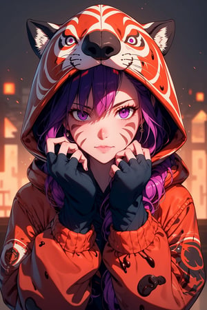 beautiful girl in a fantasy town, red_panda, paw_gloves, Fur_boots, animal_marking, face_paint, chocolate_hair, violet_eyes, furry_jacket