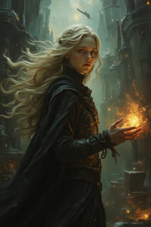 A hyper-realistic oil painting featuring a 16-year-old warrior sorceress with long, silky blond hair, channeling luminous magic from her hands amidst dark, epic ruins. Her fit form adorned in minimalist black clothing and light armor exhibits a unique kintsugi texture. Expressive eyes and gorgeous features contrast against a dramatic backdrop filled with floating debris. Overcast lighting highlights her stunning beauty, while harsh flashes enhance the horror movie aesthetic. Rich colors of copper, jade, and charcoal add depth, capturing a breathtaking sci-fi fantasy scene.,jntsmoscuro,Sparkle Glowing,SuchGrotesque