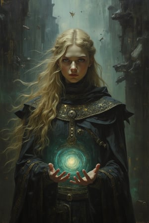 A hyper-realistic oil painting featuring a 16-year-old warrior sorceress with long, silky blond hair, channeling luminous magic from her hands amidst dark, epic ruins. Her fit form adorned in minimalist black clothing and light armor exhibits a unique kintsugi texture. Expressive eyes and gorgeous features contrast against a dramatic backdrop filled with floating debris. Overcast lighting highlights her stunning beauty, while harsh flashes enhance the horror movie aesthetic. Rich colors of copper, jade, and charcoal add depth, capturing a breathtaking sci-fi fantasy scene.,jntsmoscuro,Sparkle Glowing 