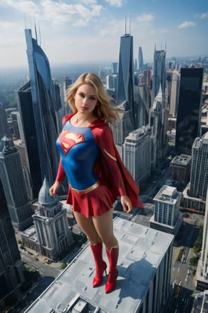 (From above, on the top of building , aerial shot , high altitude ), hyper-realistic proportions, Alex Ross art, a woman in a supergirl suit standing on the top of a building,  ink outline , ((supergirl)), style of DC cover magazine, Alex Ross art style, absurdness, character is in her natural pose, supergirl in amazing cinematographic shot , skyscrapers and avenues as skyline background, accurate female anatomy, accurate wardrobe features, perfect hands, perfect fingers gestures , maximum resolution possible, hi-res , a masterpiece cover magazine, amazing details, sharp focus ,profesional lightning, tilt camera , volumetric light,kristinapimenova,animerge,Cinematic 