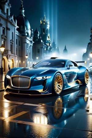 [from side],(baroque style),concept supercar,a masterpiece photoshot of racing car,luxurious FR supercar,Gran Turismo vision,a retro futuristic roll Royce superlimousine,(body color:deep blue marble),(the shape of the car is a baroque engraved bodywork:1.6),on the street of an baroque-punk downtown,(at night),ultra-realistic,car lights on,amazing reflections, absurdness,wet floor, after rain,intricate detail, insanely detailed textures, 8k,volumetric light,octane render, highly detailed surface,cold mist:1.1,accurate light bounce, cinematographic filter,specular:1.3,scattering:1.3,radiosity:1.4,image shot with a Sony Alpha 9 iii - Kodak gold 200 35mm.), Futuristic Dystopian City Skyline, lens-flare, (Global Illumination), (Dark Fantasy), (Scary Creepy (Grisly) Ominous),(Romantic Sublime)5), High Key Lighting, Political Stencil Art, Digital Art, Extremely Detailed,Glass Elements,Enhance
