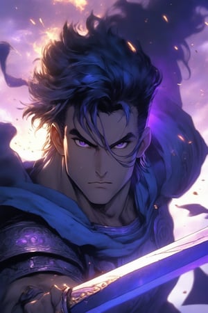 The character is a book hero. He appears on the front cover. The book talks about him as a young hero who defeated a powerful enemy from another planet. He is very charismatic. His hair is shiny and a gradient of blue and purple. His appearance is that of an unarmored warrior with a long, shiny blue sword. He has done a lot of bodybuilding and is very fast. He is handsome and kind.

In the image, we see him looking up at the sky with a serious and worried look. He is in a ruined village on fire. We see in the upper right corner a halo of purple light coming from the sky. He has his sword in his hand pointing towards the ground. The atmosphere is sad.