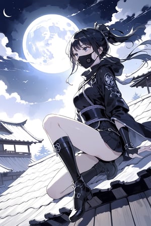 a magnificent woman with a dream body, she wears ninja clothing and her mouth is hidden by a mask. she is on the roof of a wooden house. it's a full moon.
dynamic scene, shiny atmosphere, masterpiece, best quality, aesthetic