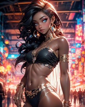 beautiful black skin woman, bandeau on breasts, intricate/epic/classy/fancy/shiny/colorful bikini, gloss/jewels/earing, shiny/intricate/details/beautiful/cute/colorful eyes, landscape