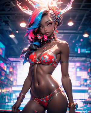 beautiful black skin woman, bandeau on breasts, (((intricate/epic/classy/fancy/shiny/colorful/red bikini))), gloss/jewels/earing, (((shiny/intricate/details/beautiful/cute/colorful/red eyes))), landscape, pool, swim