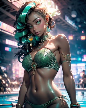 beautiful black skin woman, bandeau on breasts, (((intricate/epic/classy/fancy/shiny/colorful/green bikini))), gloss/jewels/earing, (((shiny/intricate/details/beautiful/cute/colorful/green eyes))), landscape, pool, swim