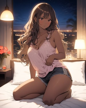 a gorgeous woman with a nice plump chest on her knees, she has mini shorts and a plunging tank top. she has brown skin and long hair, she blushes, a shy look. she is sensual. her buttocks are very round. she is on a bed in a hotel room. the lights are dimmed. heroic atmosphere. very detailed, masterpiece, play of light, depth of field, brilliant, colorful, magnificent