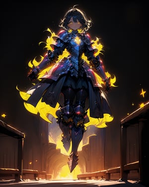 a beautiful woman in medieval armor, several shields levitate around her, short hair, glowing yellow eyes, medium chest, cute, fantasy background,blacklight,delicate\(armor\)