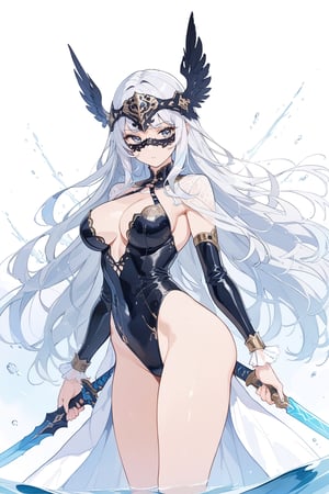 woman, mature, valkyrie, blue shiny sword, water long hair, mask_on_head, speed, powerful, beautiful, cute curves, masterpiece, best quality, aesthetic